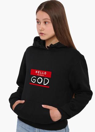 Худи женский привет меня зовут бог (hello, my name is god)  кенгуру (8921-2004) черный xxl3 фото