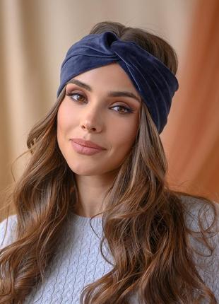 Женская велюровая стильная синяя повязка на голову1 фото