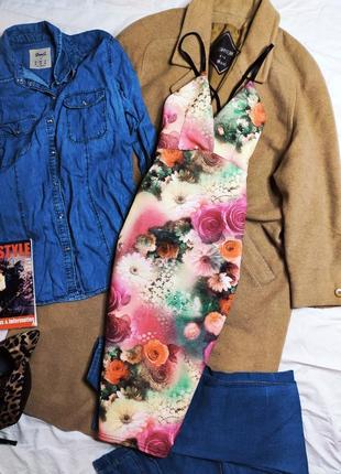 Style платье по фигуре карандаш футляр цветочный принт чёрное розовое миди новое на бретельках