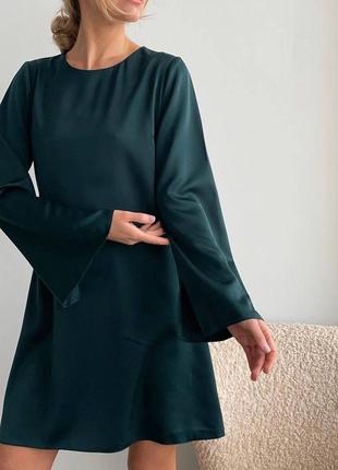 Шовкова базова сукня міні з довгим рукавом, елегантна, класична, стильна, тредова, чорна, зелена, плаття, смарагд