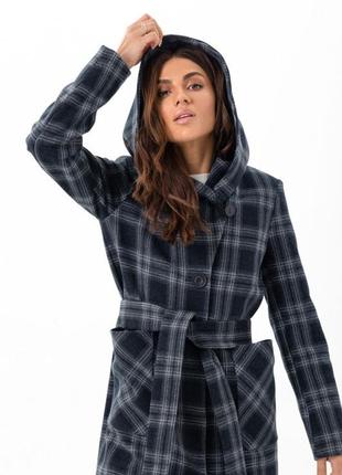 Пальто жіноче, міді, вовняне, синє картате, з капюшоном, демісезонне, осіннє весняне