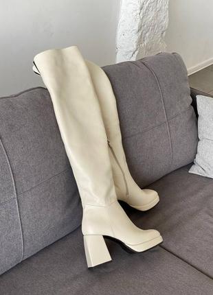 Дизайнерські ботфорти панчохи шкіряні с квадратним носком на високих підборах 9см7 фото
