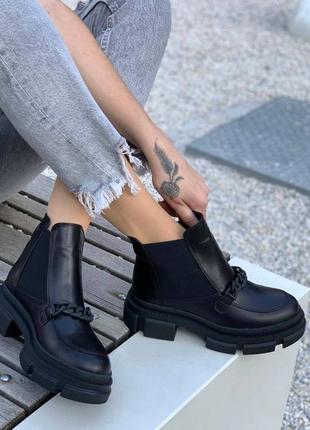Кожаные черные женские демисезонные/ зимние ботинки челси  с цепью на грубой тракторной подошве с протекторами  36 37 38 39 40 41 размер9 фото
