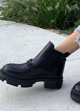 Кожаные черные женские демисезонные/ зимние ботинки челси  с цепью на грубой тракторной подошве с протекторами  36 37 38 39 40 41 размер6 фото