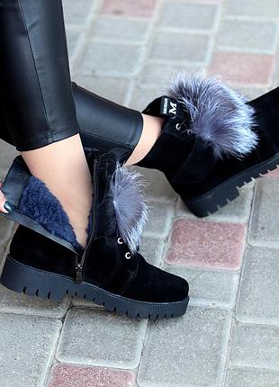 Нарядні чорні жіночі замшеві черевики натуральна замша з опушкою