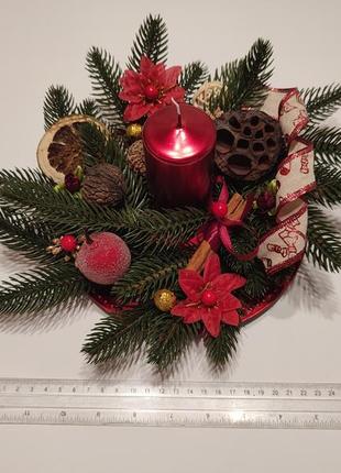 Різдвяна декорація на стіл зі свічкою, новорічна композиція2 фото