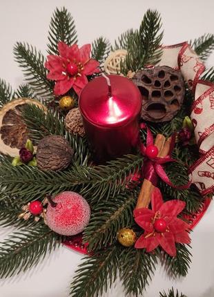 Різдвяна декорація на стіл зі свічкою, новорічна композиція3 фото