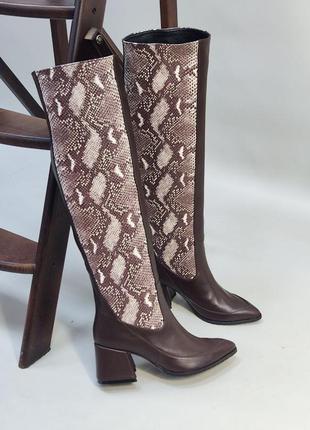 Женские сапоги из натуральной кожи комбинированной с кожей питона на устойчивом каблуке 6 см
