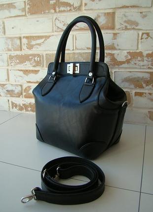 Шикарная кожаная женская сумка-саквояж /черная сумка / женская сумка / черный саквояж