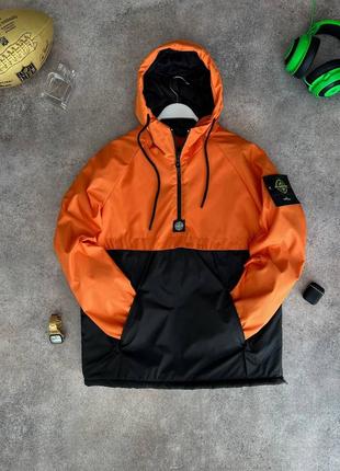 Куртка анорак ветровка мужская stone island черная оранжевая / курточка чоловіча стон исланд чорна8 фото