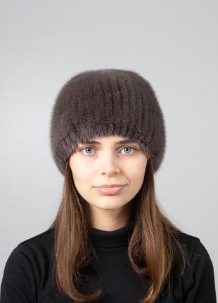 Зимняя женская шапка из вязаного меха норки