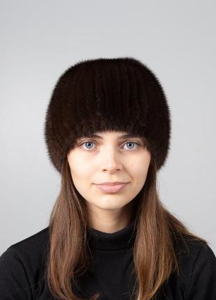 Теплая зимняя вязаная шапка из меха норки