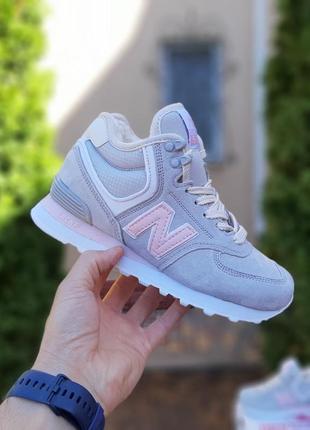 Красивейшие женские высокие зимние кроссовки new balance 574 серые на меху