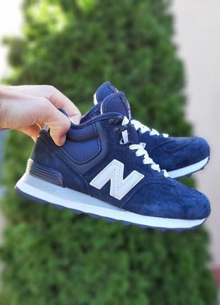 Классные женские высокие зимние кроссовки new balance 574 синие на меху9 фото