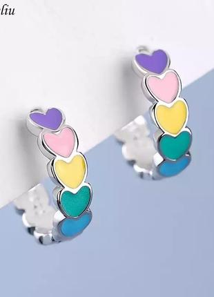 Серьги сережки серёжки круглые кольца колечки маленькие минималистичные с сердечками под серебро детские разноцветные цветные 12 мм
