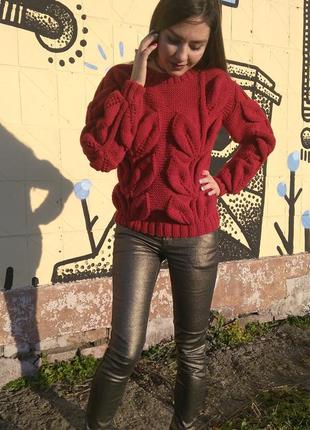Жіночий светр в'язаний джемпер з великими листям листя ручна робота4 фото