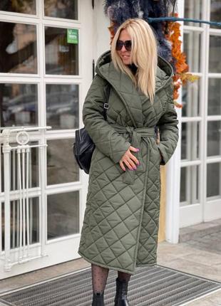 Пальто зимнє зима з поясом хакі з поясом стьобне тепле куртка
