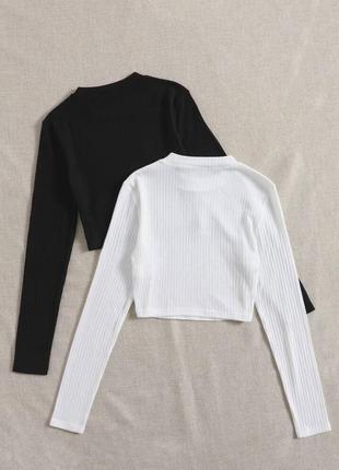 Трикотажний кроп топ з довгим рукавом в рубчик, базовий, стильний, трендовий, чорний,...