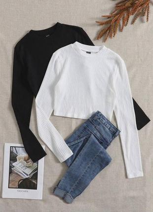 Трикотажний кроп топ з довгим рукавом в рубчик, базовий, стильний, трендовий, чорний,...