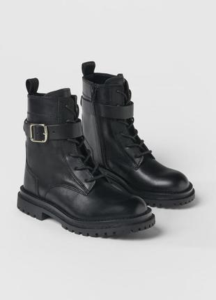 Кожаные ботинки на шнуровке с пряжкой zara оригинал натуральная кожа