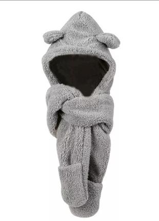 Шапка-шарф с ушками 3 в 1 (мишка, медведь, капюшон, варежки) с карманами карамельная, унисекс wuke one size5 фото