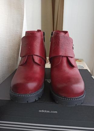 Кожаные бордовые зимние ботинки на широком каблуке, теплі зимові черевики, ботильоны