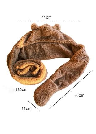 Шапка-шарф з вушками 3 в 1 (ведмедик, ведмідь, капюшон, рукавиці) з кишенями карамельна 2, унісекс wuke one size10 фото