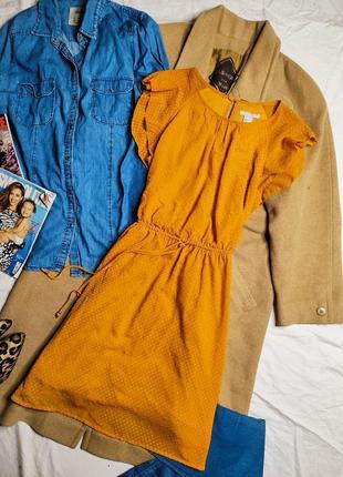 H&m шифонове плаття в горошок жовтий помаранчевий гірчичне з поясом вільний оверсайз