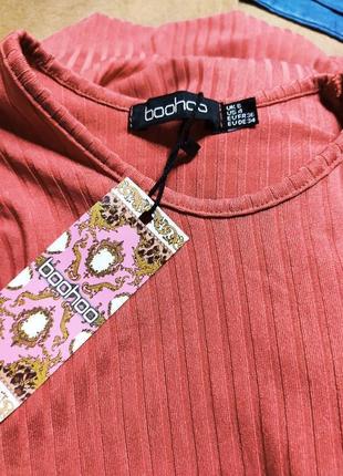 Boohoo платье розовое коралловое в рубчик новое с рукавом базовое6 фото