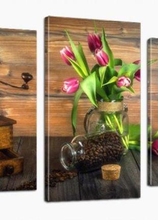 Модульная картина на холсте на стену для интерьера / кухни / кафе dk кофе и тюльпаны 53х100 см (534_3)1 фото