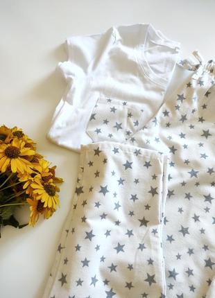 Піжама фланель байка сорочка штани футболка на ґудзиках тепла для дому та сну пижама світла з зірками3 фото