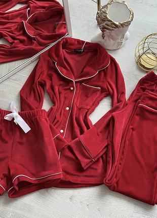 Піжама трійка червоний плюш велюр тепла пижама красная сорочка штани шорти