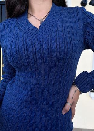 Тепла осіння сукня синя коротка на довгий рукав в‘язана теплое вязаное платье синее  короткое с длинным рукавом8 фото