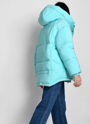 Качественная яркая бирюзовая  женская зимняя куртка-кокон3 фото