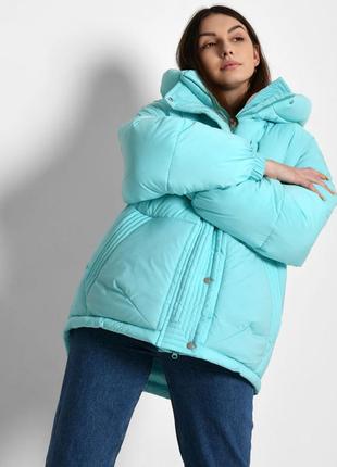 Качественная яркая бирюзовая  женская зимняя куртка-кокон4 фото