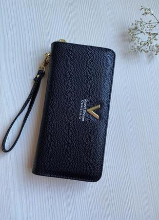 Жіночий гаманець портмоне екошкіра чорний із ремінцем на зап'ястку