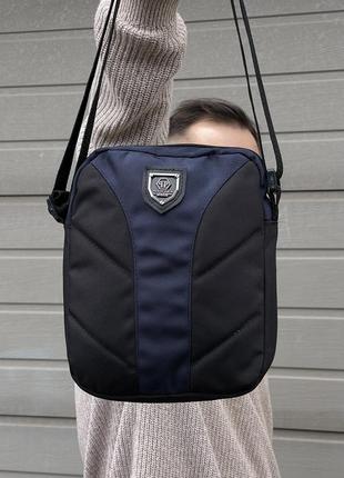 Чоловіча барсетка брендова фірмова сумка через плече месенджер чорний з синім