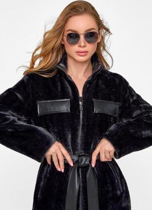 Пальто - рубашка женское, черное, из эко альпаки, вставки из эко кожи1 фото