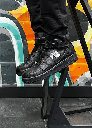 Чоловічі високі шкіряні чорні шкіряні кросівки nike air force mid 🆕високі найк форс