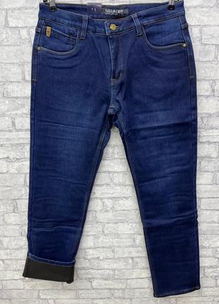 Чоловічі сині утеплені зимові прямі джинси на флісі великих розмірів батал