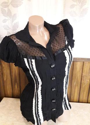 Шикарная блуза жатка черная с белыми полосками / комби  гипюром с точками