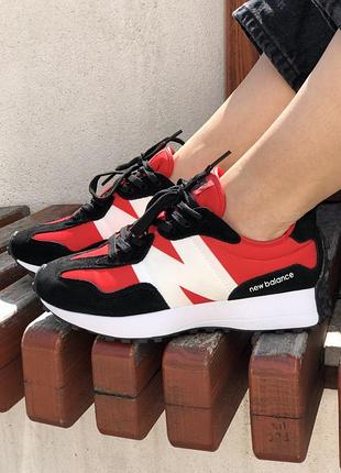 Шикарные унисекс кроссовки new balance 327 black/white/red чёрные с красным