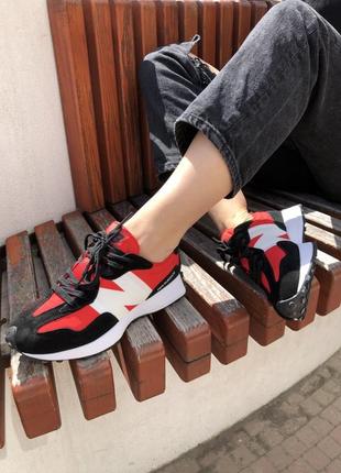 Шикарные унисекс кроссовки new balance 327 black/white/red чёрные с красным3 фото