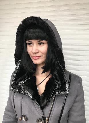 Зимняя длинная дубленка женская6 фото