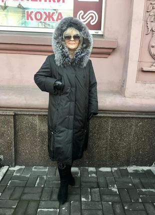 Пальто парку жіноче натуральне з капюшоном чорне різдзм +