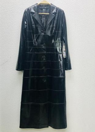 Пальто кожаное натуральное женское punto черное лак длинное3 фото