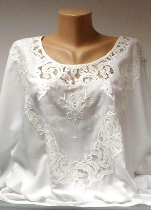 Блуза туника женская летняя шелковая белая с кружевом размер+