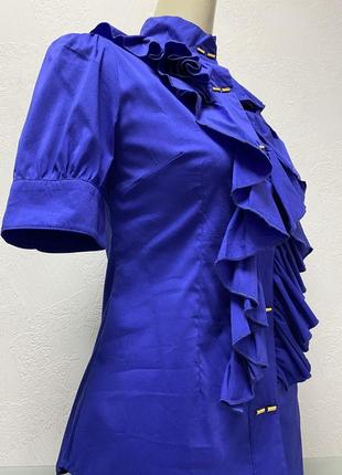 Блуза рубашка c коротким рукавом синяя женская с воланом4 фото