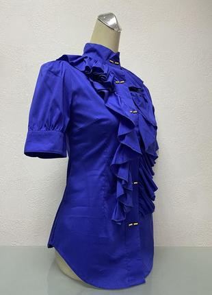 Блуза рубашка c коротким рукавом синяя женская с воланом3 фото