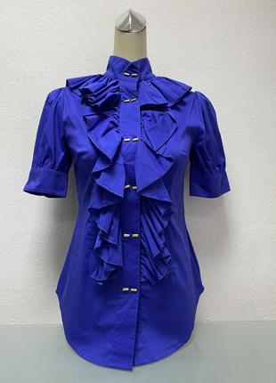 Блуза сорочка з коротким рукавом синя жіноча з воланом